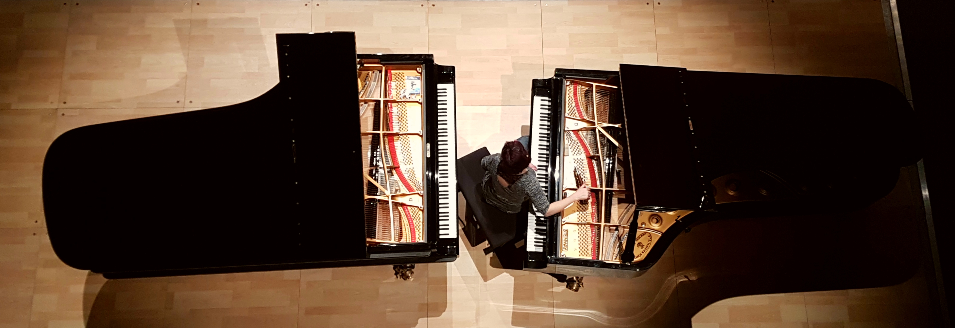 accordeur entre deux pianos de concert pour accord à l'unisson, vue d'en haut sur scène
