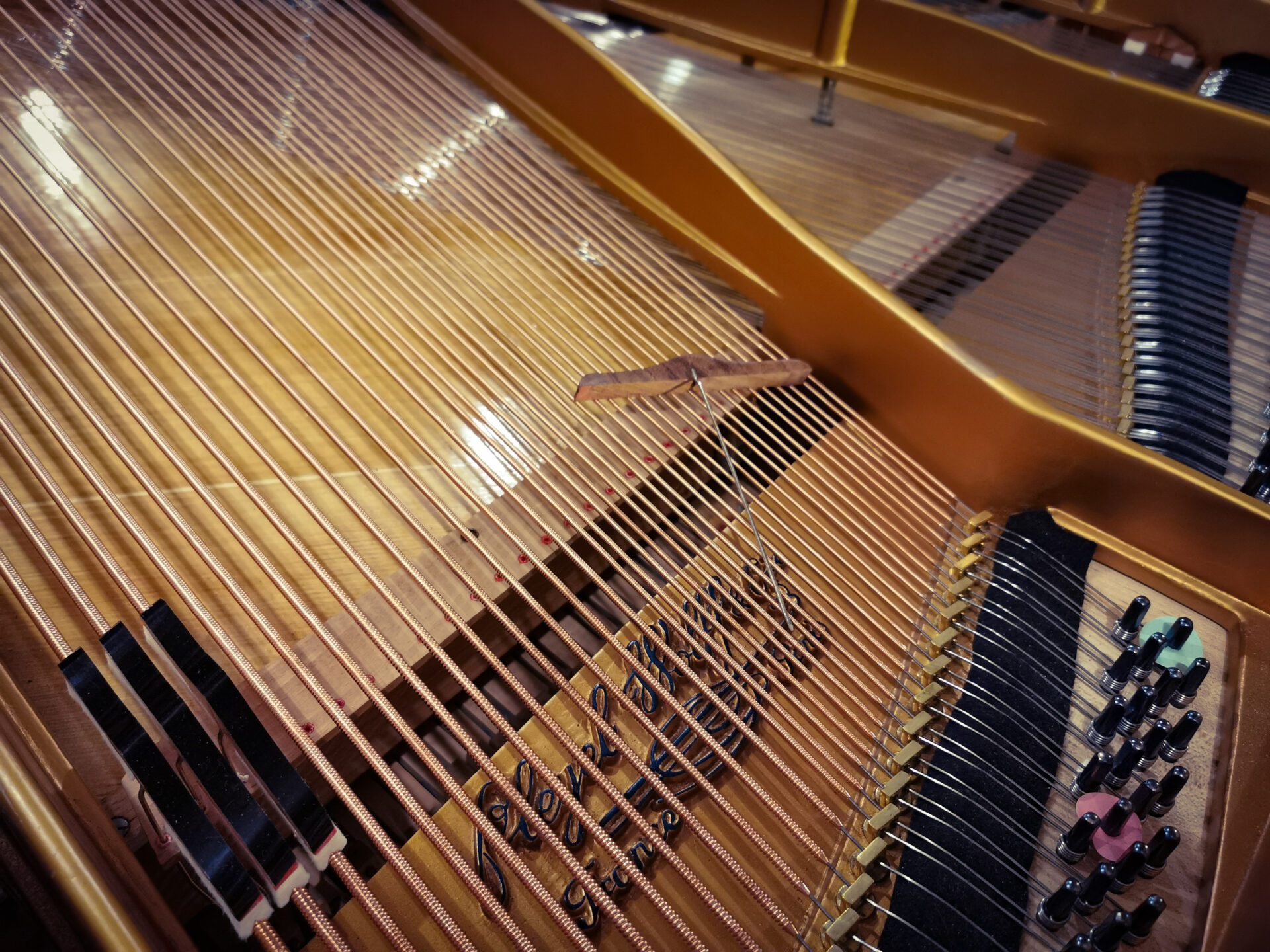 mpntage des étouffoirs sur les cordes de piano demi queue Pleyel 2m04 de 1899 dans atelier de restauration de pianos de Marion Lainé en Savoie